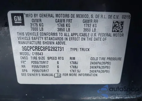 2015 Chevrolet Silverado 1500 1Lt из США, поврежденный, VIN 3GCPCREC8FG282731